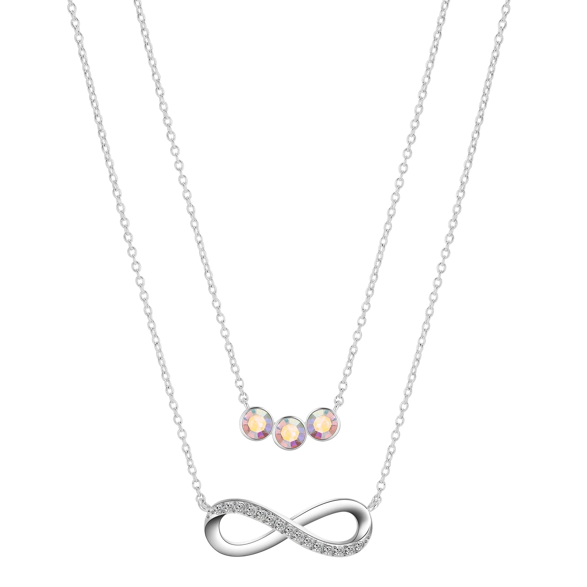 Women'S Fine Silver Plated Cubic Zirconia Infinity and Arora Boralis Triple Crystal Necklace Set, 16+2" & 18+2" Extender