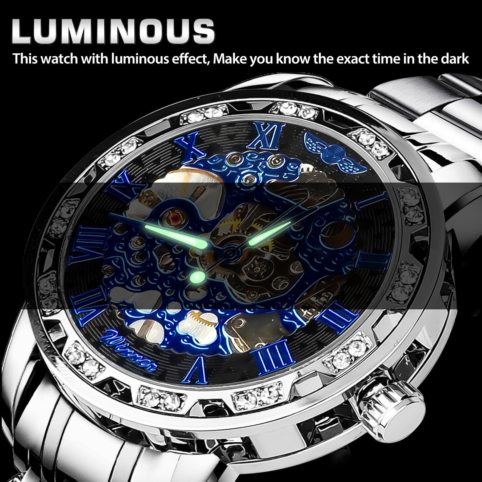 Luxury Men'S Automatic Mechanical Stainless Steel Watch Business Hollow Skeleton