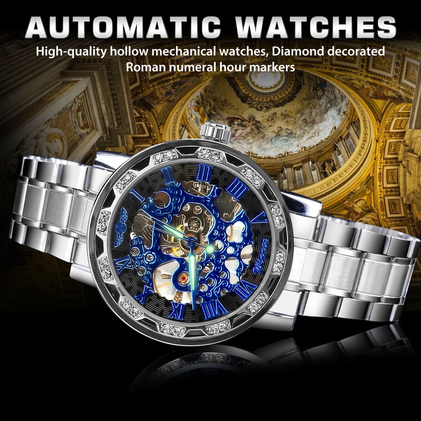 Luxury Men'S Automatic Mechanical Stainless Steel Watch Business Hollow Skeleton