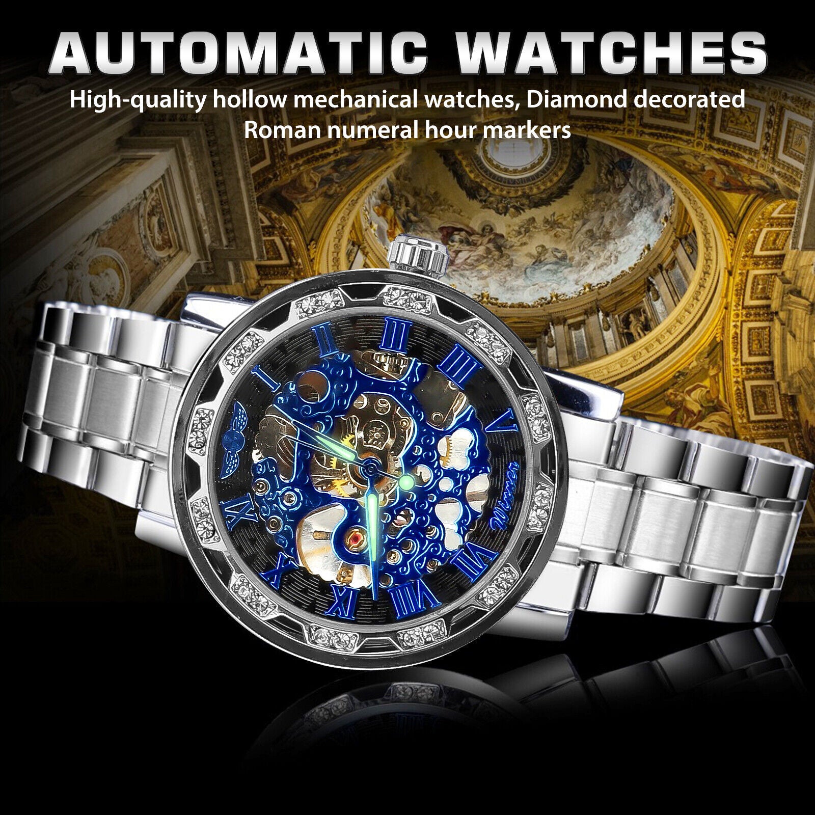 Luxury Men'S Automatic Mechanical Stainless Steel Watch Business Hollow Skeleton