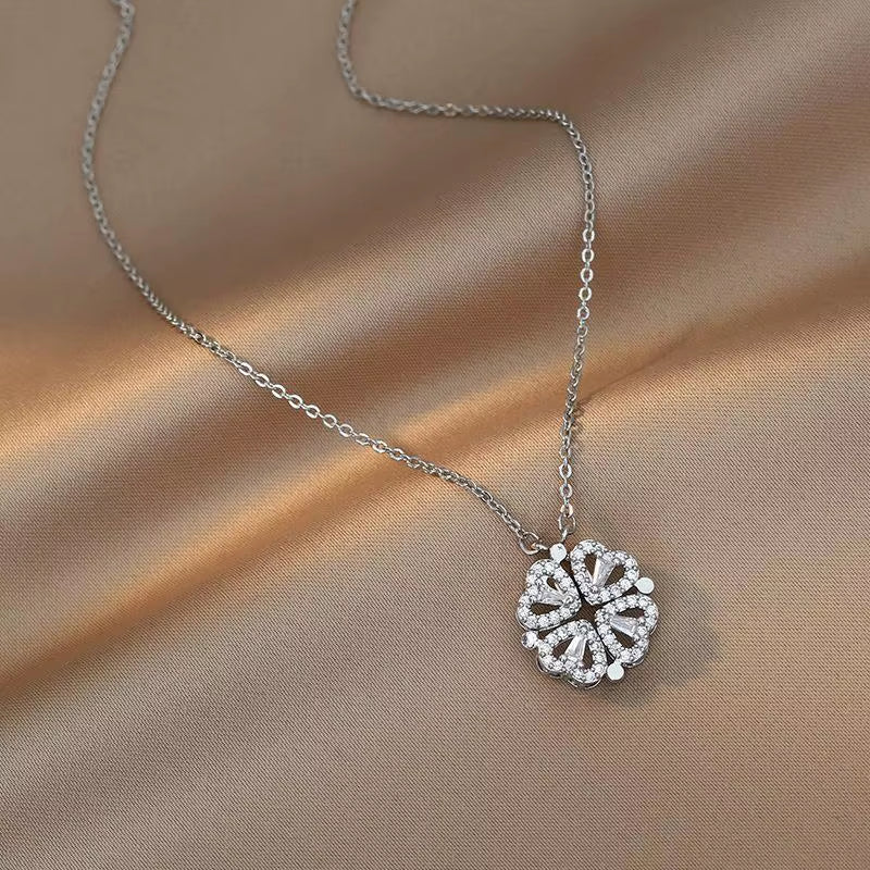 Fashion Magnetic Folding Heart Necklace for Women Cute 4 Heart Clover Necklace Female Jewelry Gift