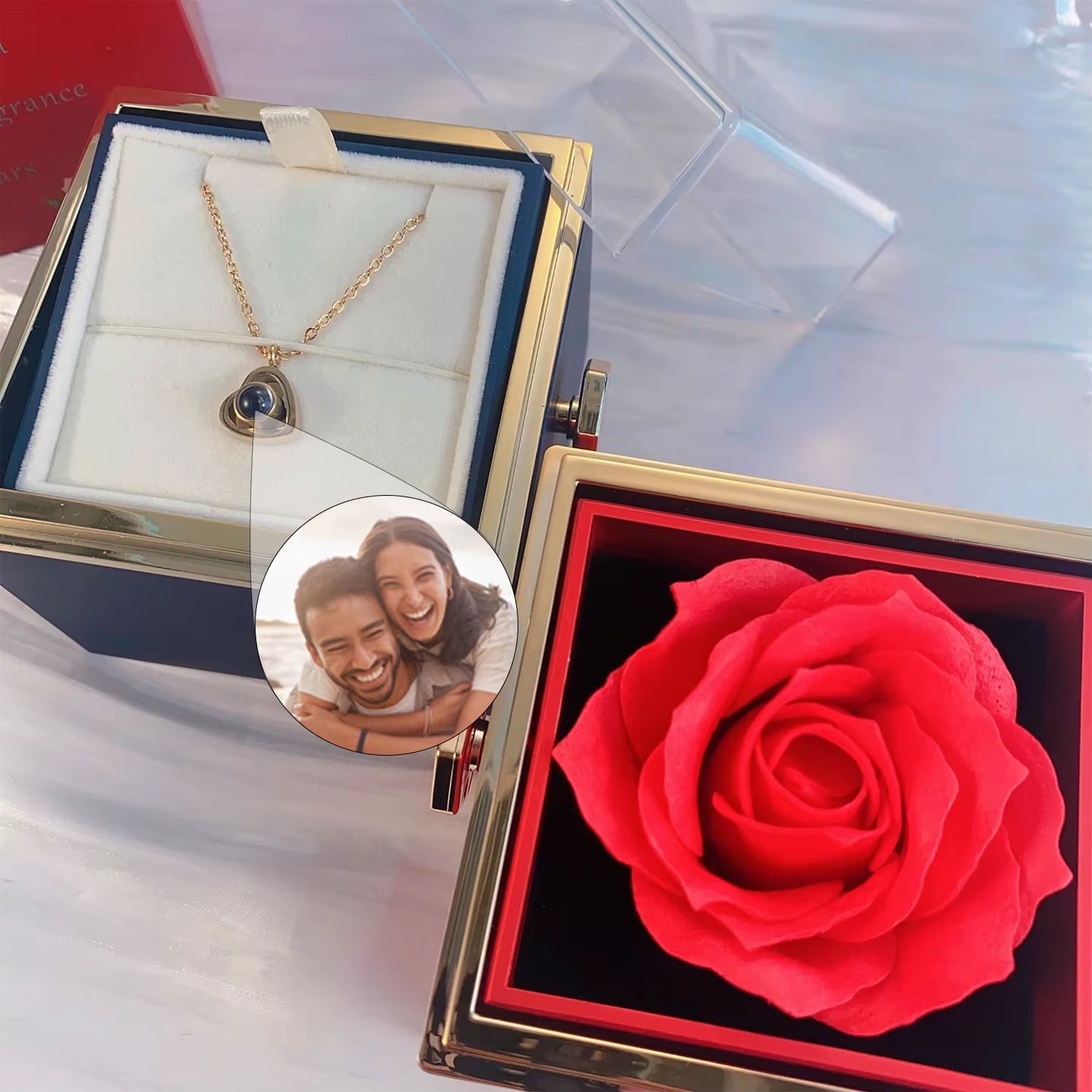 Photo Projection Necklace with Eternal Rose Box • Couples Gifts • Gift for Girlfriend • Valentines Day Gift for Women Girlfriend